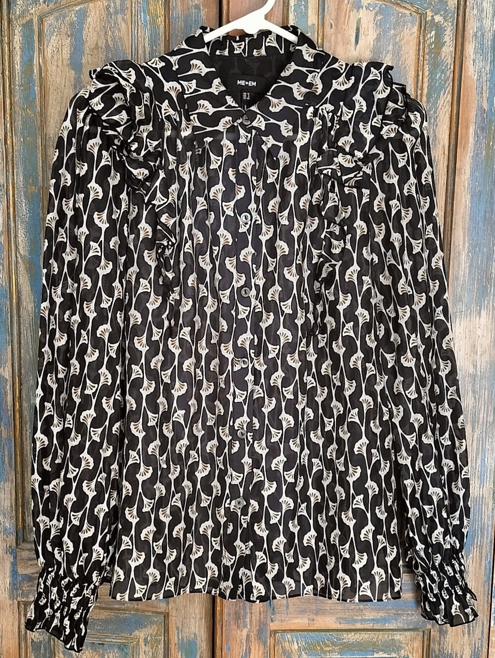 New! ME + EM Silk Cotton Gingko Leaf Print Blouse Semi Sheer 8